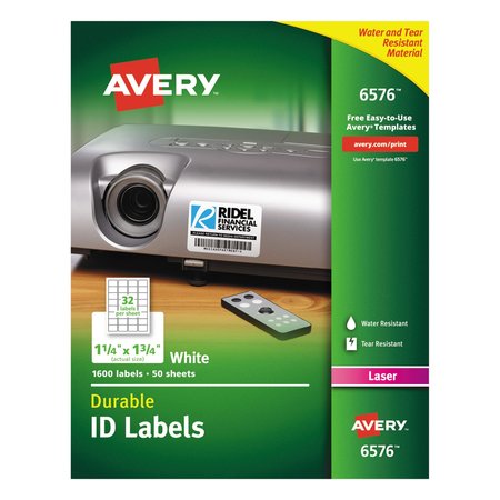 AVERY Durable Permanent ID Labels w/TrueBlock, Laser, 1.25x1.75, Wht, PK1600 06576